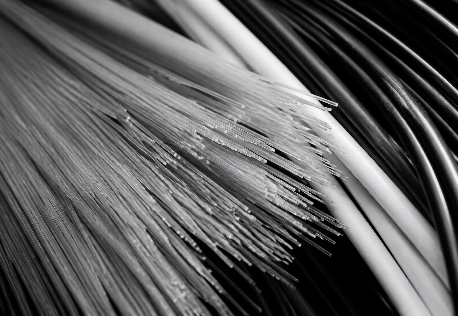 Monochrome macro photograph of parallel fibre optic filaments running in ordered bundles